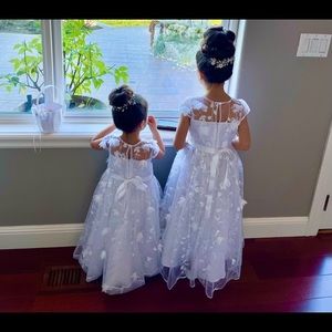 White Flower Appliqué and Pearl Flower Girl Dresses